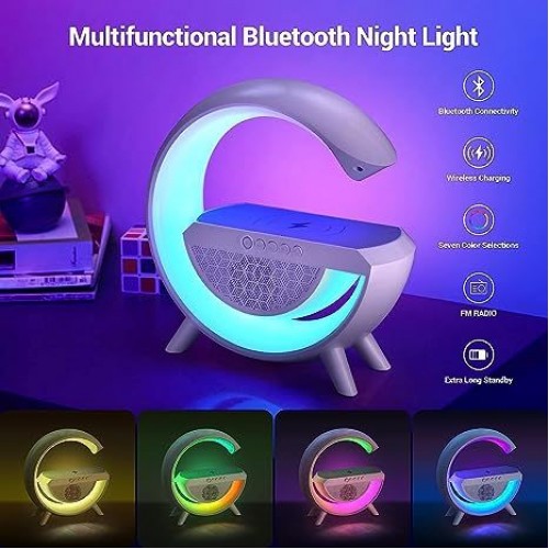 Ontek G-Shape Atmosphere Lamp Bluetooth Light Speaker Desk Table Lamp with Wireless Charger LED Night Light for Bedroom with FM Radio 6 RGB Music Sync 15W Fast Charging 7 Color Changing (Multicolor)