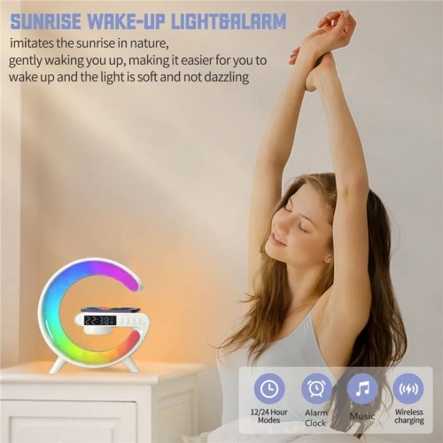 ONTEK Wireless Charger Atmosphere Lamp, 2023 New Intelligent LED Table Lamp, Bluetooth Speaker, Dimmable Night Light Touch Lamp Alarm Clock with Music Sync, App Control for Bedroom Home Decor