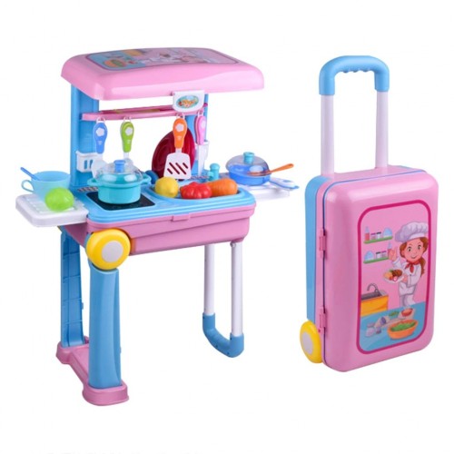 Kids Kitchen Set - Kitchen Set for Kids Girls Big Cooking Set Light and Sound Portable Trolley Pretend Play Toys Battery Operated ( Pink-C )