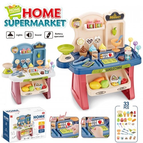 Home Supermarket Set Pretend Play Home Supermarket, Cash Register, Shopping Cart Toy Set 33 Pcs Multicolor
