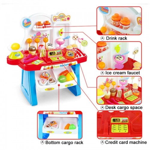 Home Supermarket Set Pretend Play Home Supermarket, Cash Register, Shopping Cart Toy Set 33 Pcs Multicolor