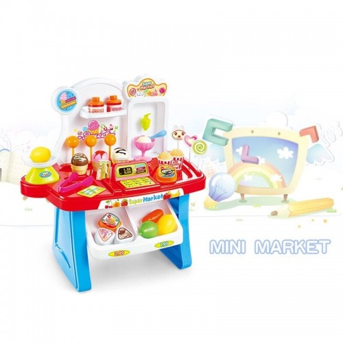 Home Supermarket Set Pretend Play Home Supermarket, Cash Register, Shopping Cart Toy Set 33 Pcs Multicolor