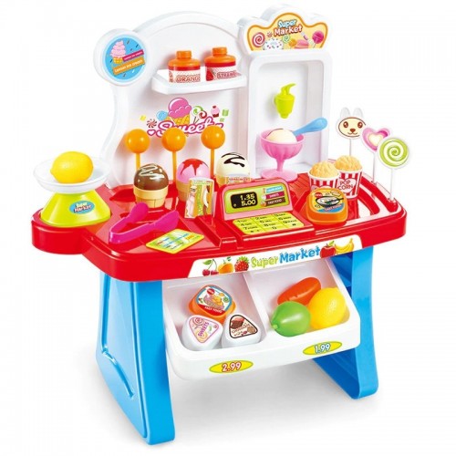 Home Supermarket Set Pretend Play Home Supermarket, Cash Register, Shopping Cart Toy Set 33 Pcs Multicolor