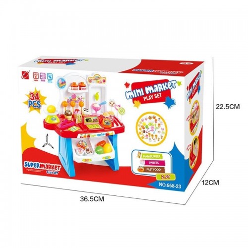 Home Supermarket Set Pretend Play Home Supermarket, Cash Register, Shopping Cart Toy Set 33 Pcs Multicolor